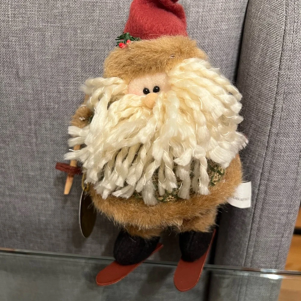 Vintage Festive Santa skiing Plush Ornament - Cream and Brown